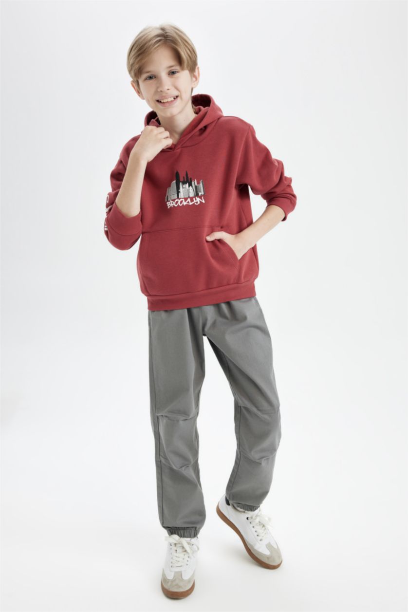 Erkek Çocuk - Genç Erkek Koyu Turuncu Erkek Çocuk Baskılı Kapüşonlu Kanguru Cepli Sweatshirt