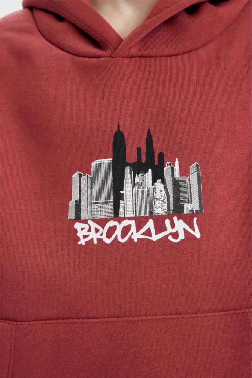 Erkek Çocuk - Genç Erkek Koyu Turuncu Erkek Çocuk Baskılı Kapüşonlu Kanguru Cepli Sweatshirt