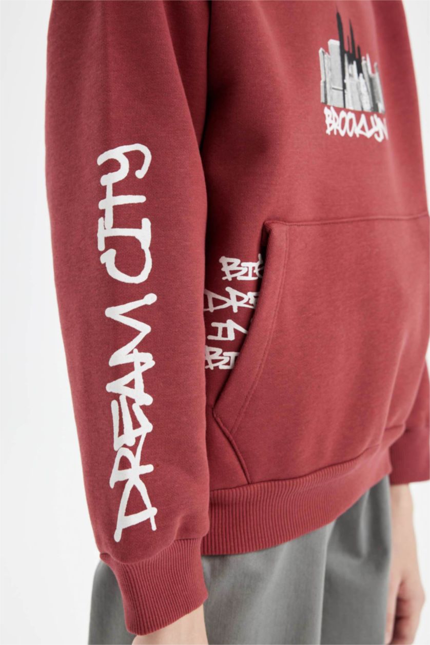 Erkek Çocuk - Genç Erkek Koyu Turuncu Erkek Çocuk Baskılı Kapüşonlu Kanguru Cepli Sweatshirt