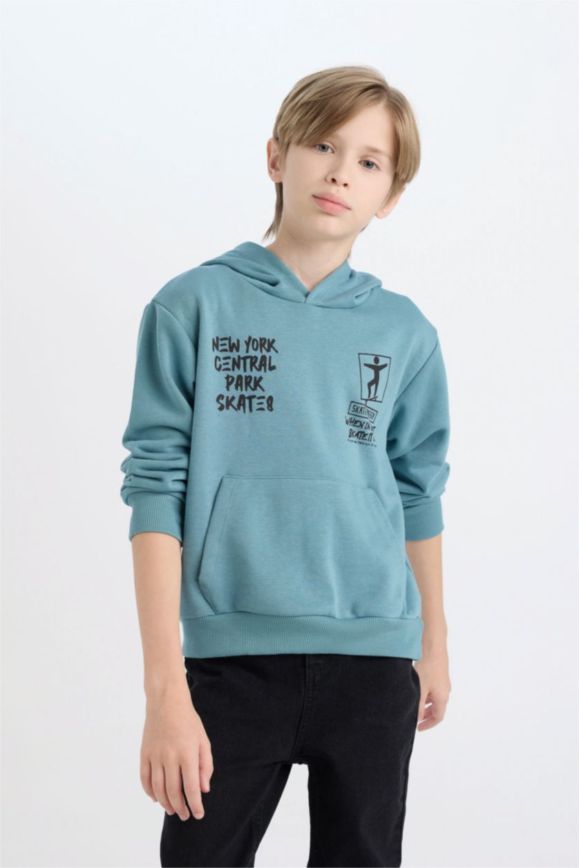 Erkek Çocuk - Genç Erkek Mavi Kapüşonlu Sırt Baskılı Sweatshirt Erkek Çocuk