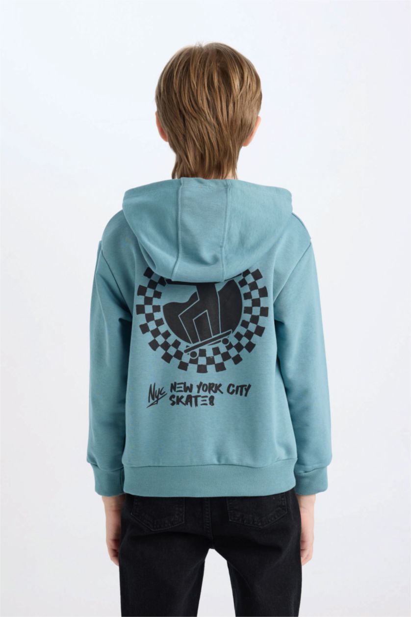 Erkek Çocuk - Genç Erkek Mavi Kapüşonlu Sırt Baskılı Sweatshirt Erkek Çocuk