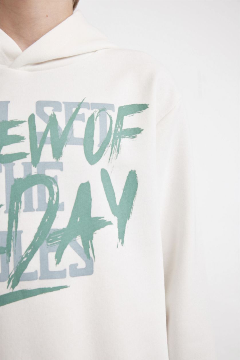 BOYS & TEENS Ecru Boy Printed Hooded Sweatshirt