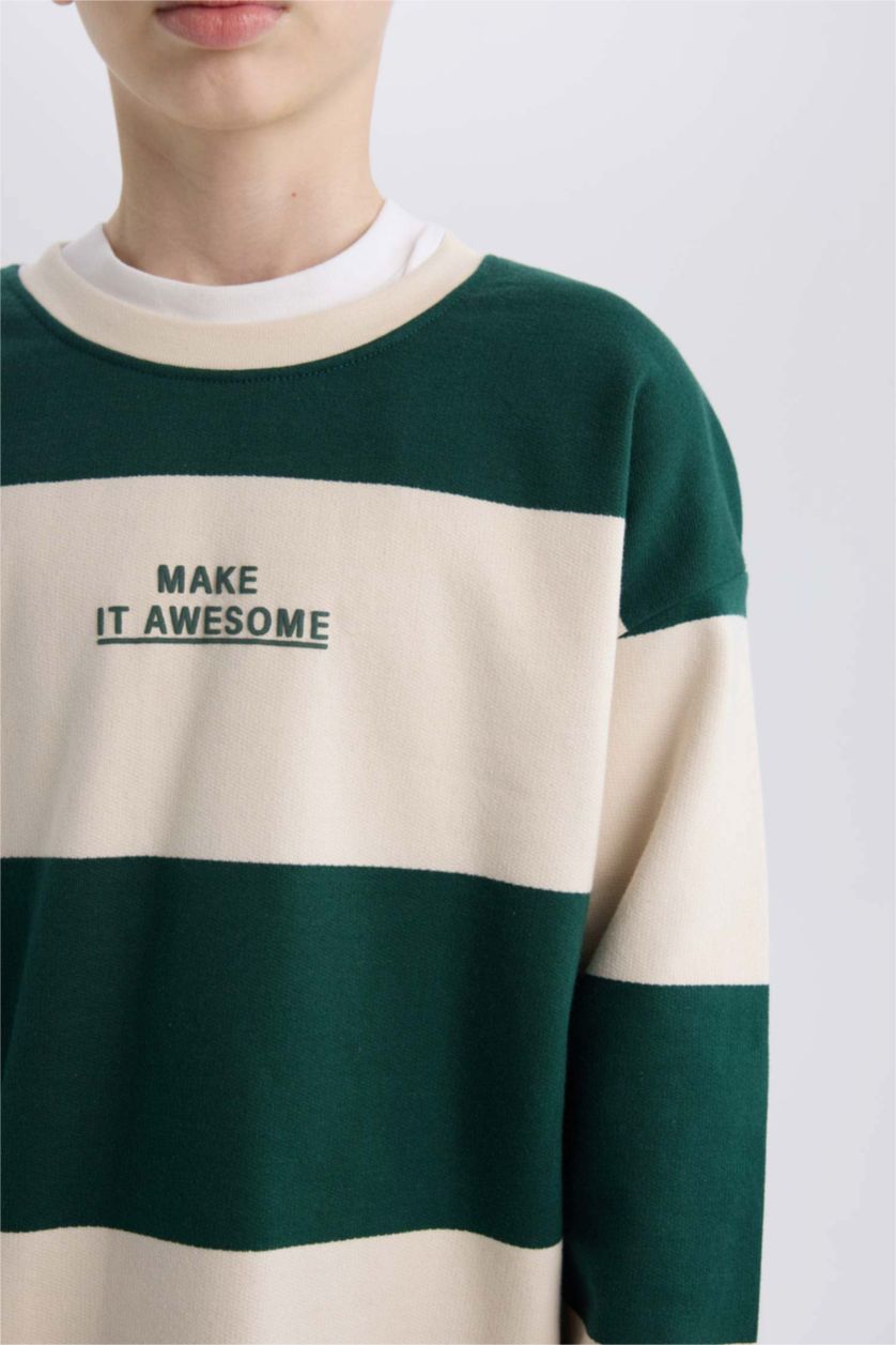 Erkek Çocuk - Genç Erkek Koyu Yeşil Erkek Çocuk Oversize Geniş Kalıp Bisiklet Yaka Çizgili Baskılı Sweatshirt