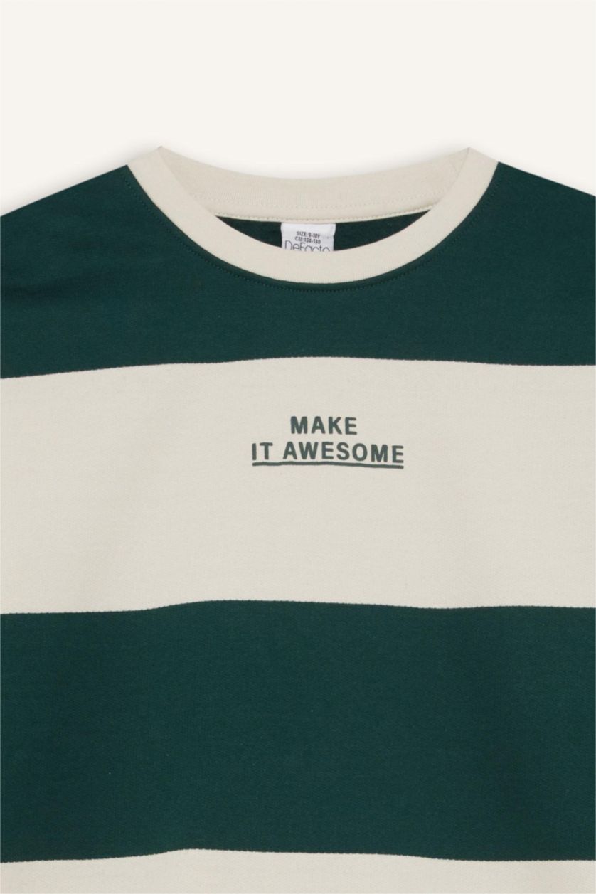 Erkek Çocuk - Genç Erkek Koyu Yeşil Erkek Çocuk Oversize Geniş Kalıp Bisiklet Yaka Çizgili Baskılı Sweatshirt