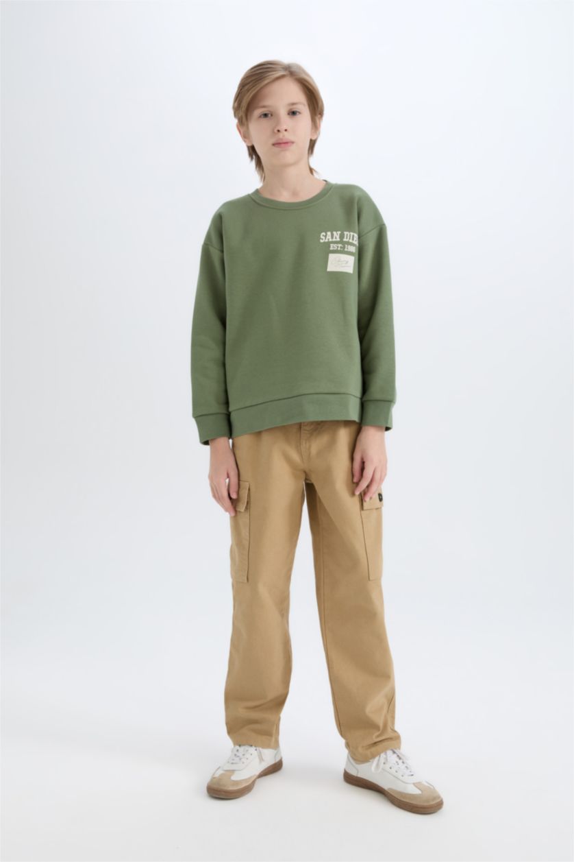 Erkek Çocuk - Genç Erkek Açık Haki Oversize Geniş Kalıp Bisiklet Yaka Sırt Baskılı Sweatshirt Erkek Çocuk