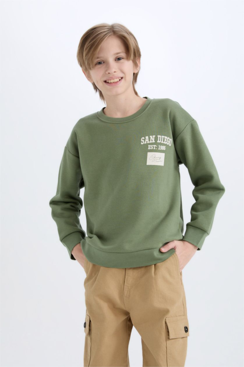 Erkek Çocuk - Genç Erkek Açık Haki Oversize Geniş Kalıp Bisiklet Yaka Sırt Baskılı Sweatshirt Erkek Çocuk