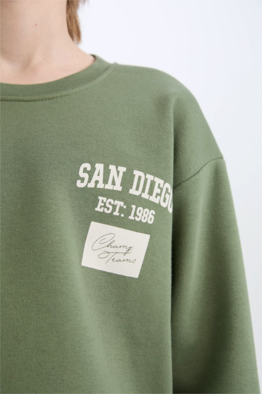 Erkek Çocuk - Genç Erkek Açık Haki Oversize Geniş Kalıp Bisiklet Yaka Sırt Baskılı Sweatshirt Erkek Çocuk