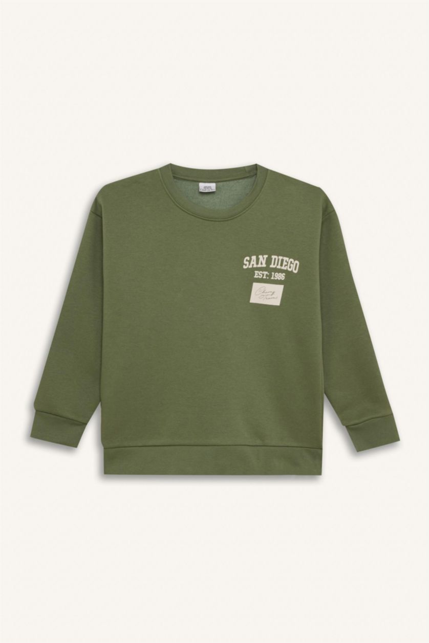 Erkek Çocuk - Genç Erkek Açık Haki Oversize Geniş Kalıp Bisiklet Yaka Sırt Baskılı Sweatshirt Erkek Çocuk