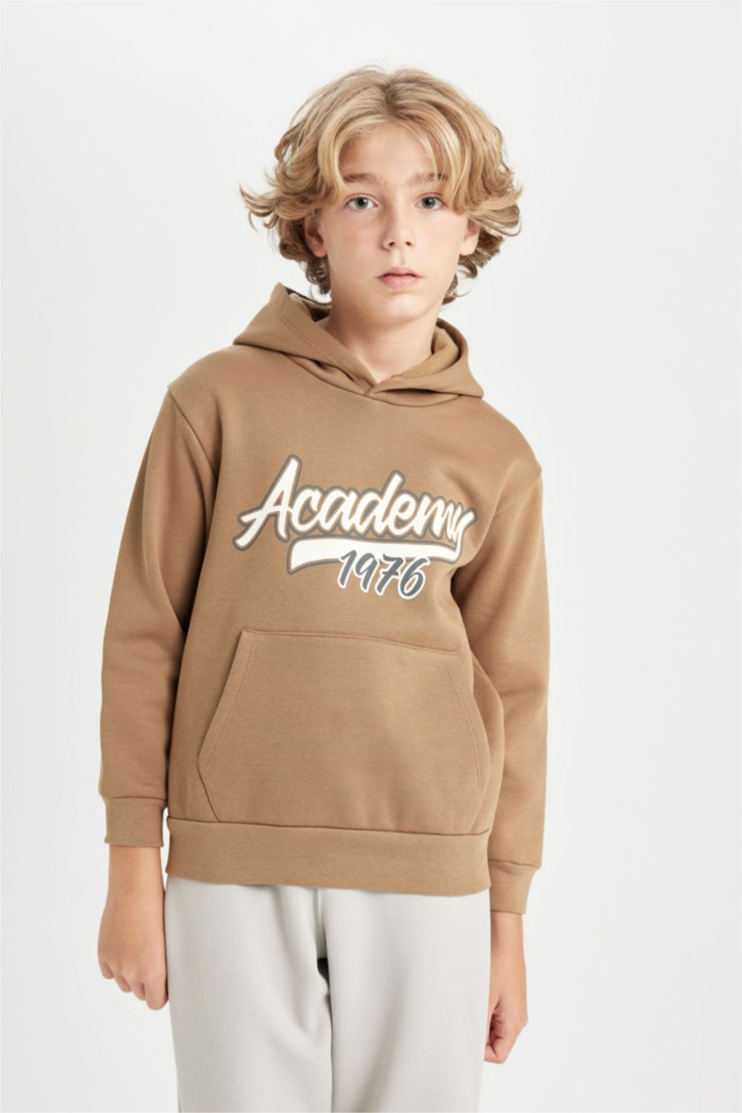 Erkek Çocuk - Genç Erkek Kahve Kapüşonlu Cepli Baskılı Sweatshirt Erkek Çocuk