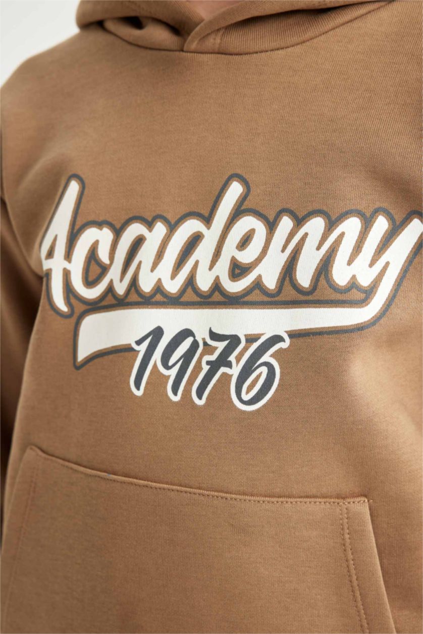 Erkek Çocuk - Genç Erkek Kahve Kapüşonlu Cepli Baskılı Sweatshirt Erkek Çocuk