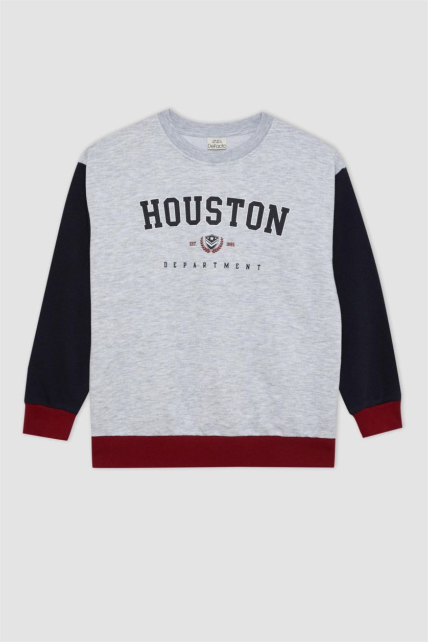 Erkek Çocuk - Genç Erkek Optik Gri Melanj Erkek Çocuk Oversize Geniş Kalıp Bisiklet Yaka Sweatshirt