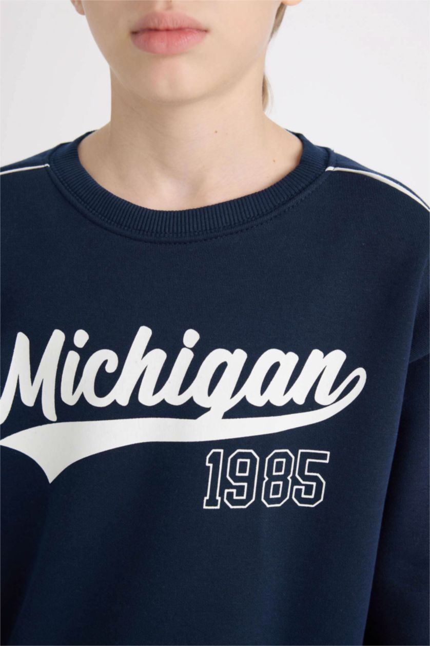 Erkek Çocuk - Genç Erkek Lacivert Lacivert Oversize Geniş Kalıp Bisiklet Yaka Baskılı Sweatshirt Erkek Çocuk