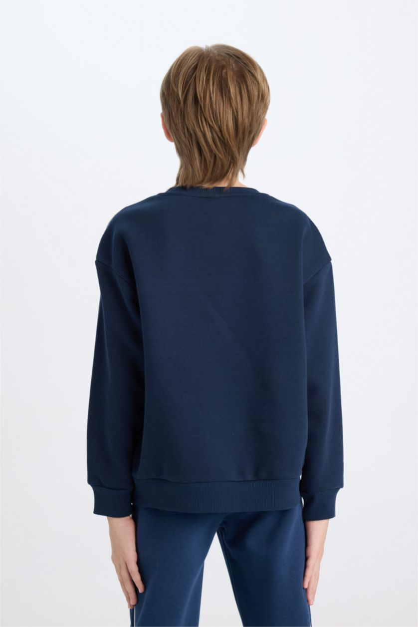 Erkek Çocuk - Genç Erkek Lacivert Lacivert Oversize Geniş Kalıp Bisiklet Yaka Baskılı Sweatshirt Erkek Çocuk