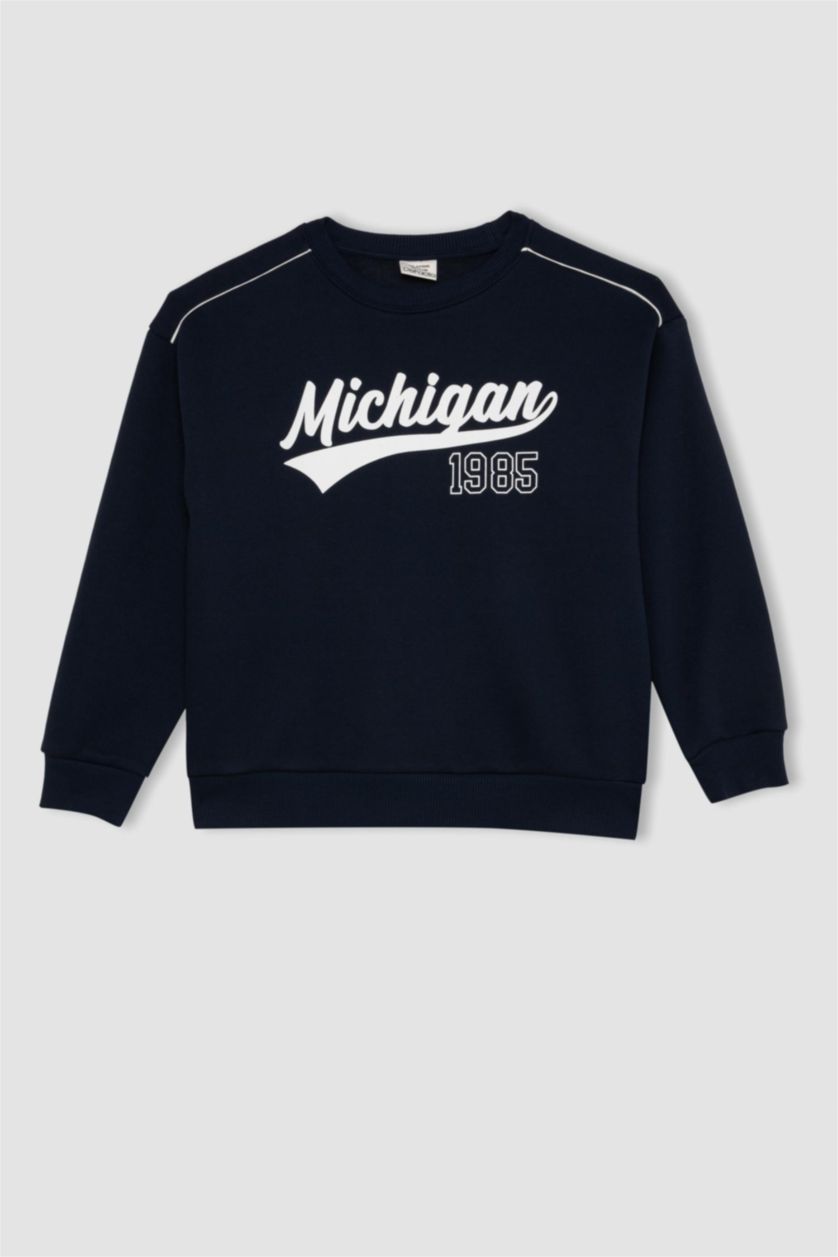 Erkek Çocuk - Genç Erkek Lacivert Lacivert Oversize Geniş Kalıp Bisiklet Yaka Baskılı Sweatshirt Erkek Çocuk