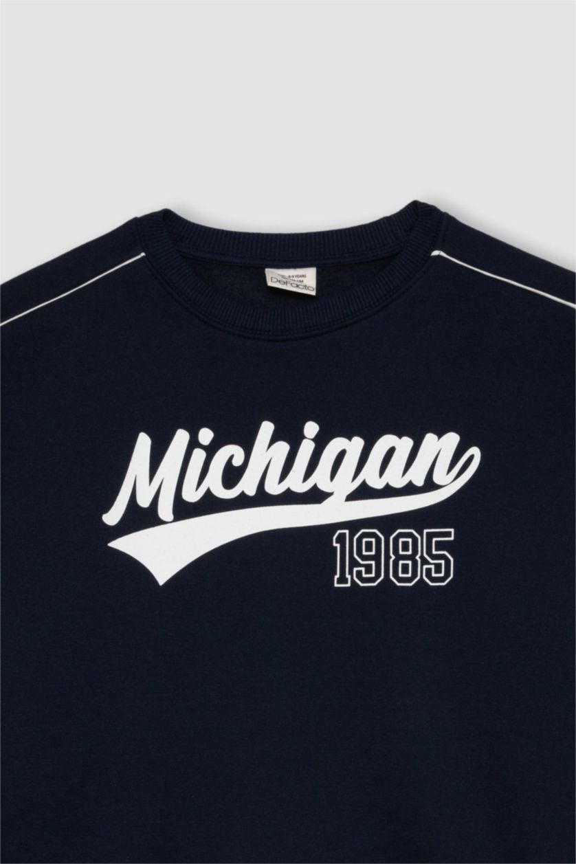 Erkek Çocuk - Genç Erkek Lacivert Lacivert Oversize Geniş Kalıp Bisiklet Yaka Baskılı Sweatshirt Erkek Çocuk