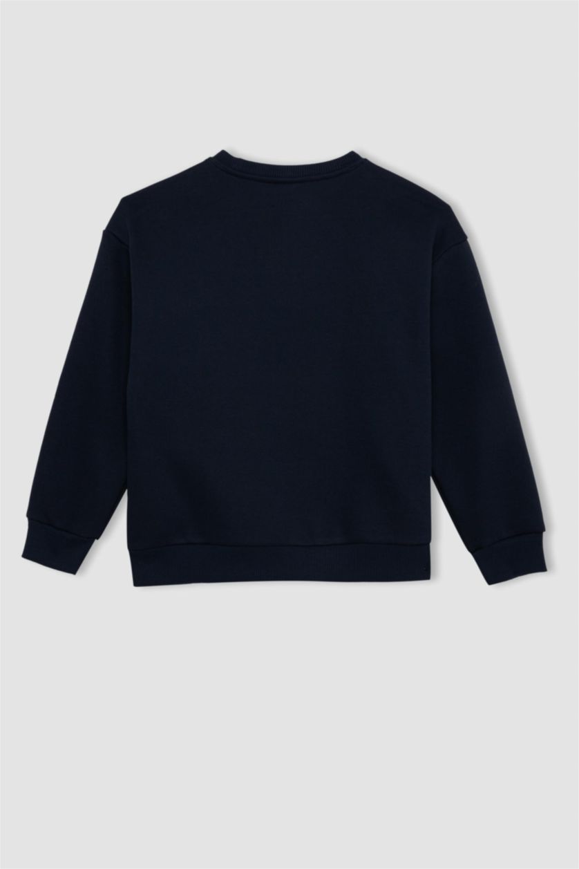 Erkek Çocuk - Genç Erkek Lacivert Lacivert Oversize Geniş Kalıp Bisiklet Yaka Baskılı Sweatshirt Erkek Çocuk