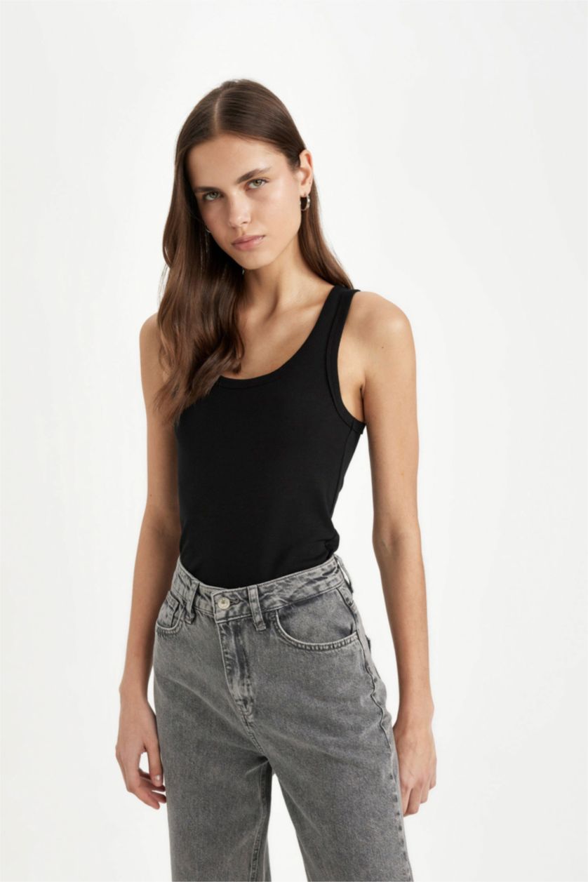 Kadın Siyah Slım Fıt U Yaka Basıc Ribana Atlet