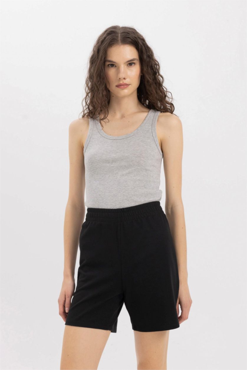 Kadın Gri Melanj Slim Fit Dar Kesim U Yaka Basic Düz Ribana Atlet