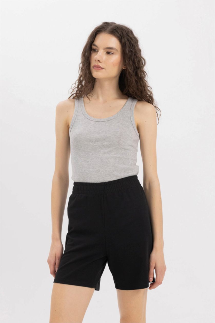 Kadın Gri Melanj Slim Fit Dar Kesim U Yaka Basic Düz Ribana Atlet