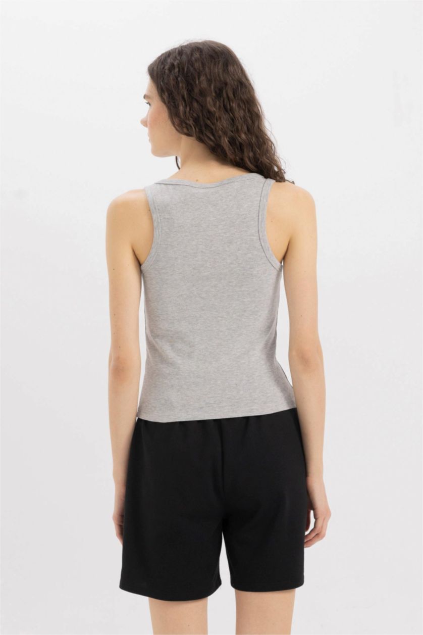 Kadın Gri Melanj Slim Fit Dar Kesim U Yaka Basic Düz Ribana Atlet