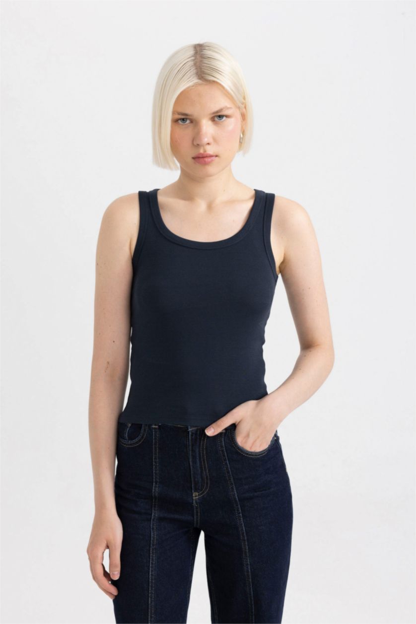 Kadın Lacivert Slim Fit Dar Kesim U Yaka Basic Düz Ribana Atlet