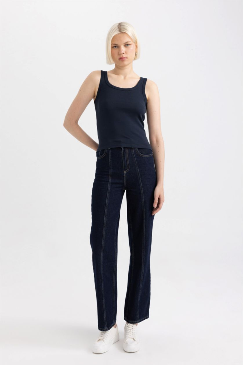 Kadın Lacivert Slim Fit Dar Kesim U Yaka Basic Düz Ribana Atlet