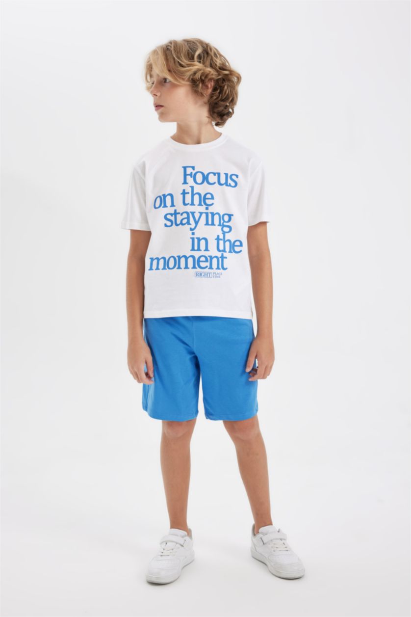 Erkek Çocuk - Genç Erkek Beyaz 2'li Takım Baskılı Kısa Kollu Tişört Şort Erkek Çocuk