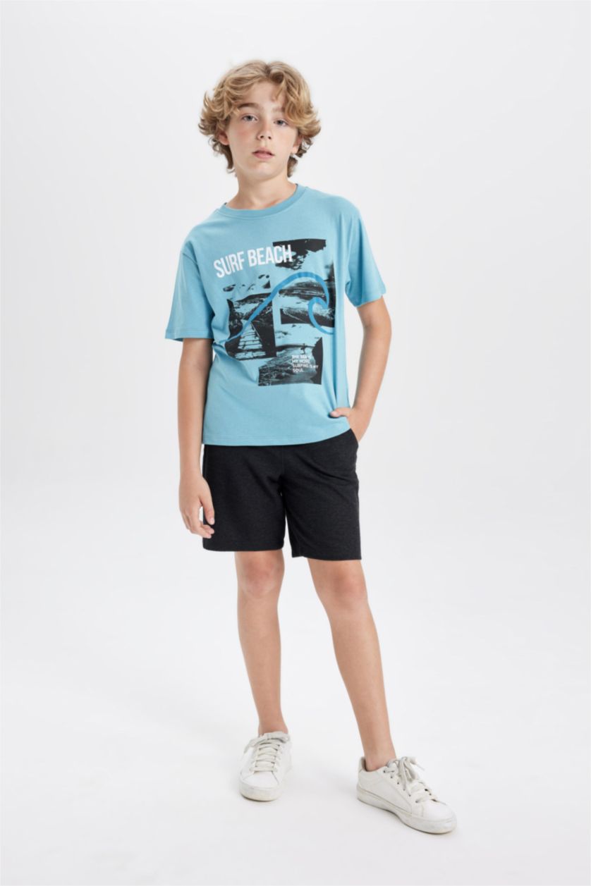 Erkek Çocuk - Genç Erkek Açık Mavi Erkek Çocuk 2'li Takım Baskılı Kısa Kollu Tişört Üst Beli Lastikli Şort