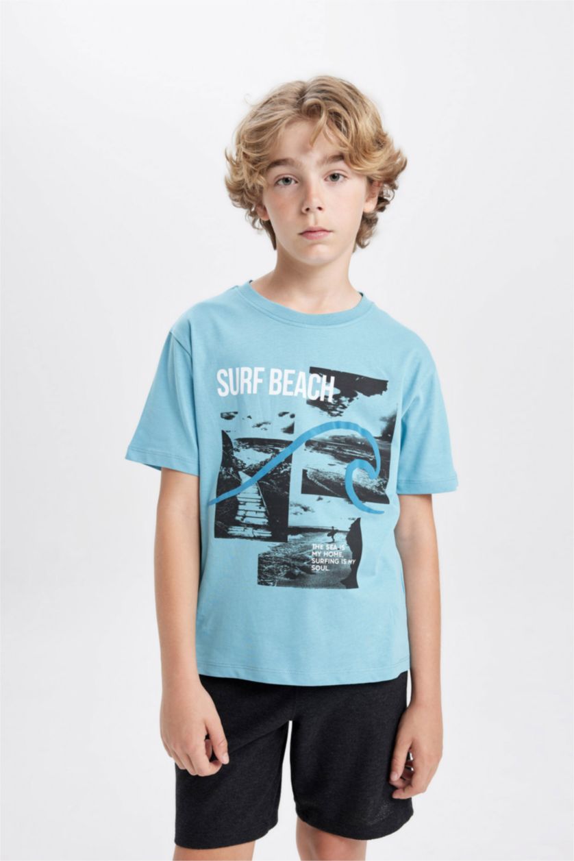 Erkek Çocuk - Genç Erkek Açık Mavi Erkek Çocuk 2'li Takım Baskılı Kısa Kollu Tişört Üst Beli Lastikli Şort