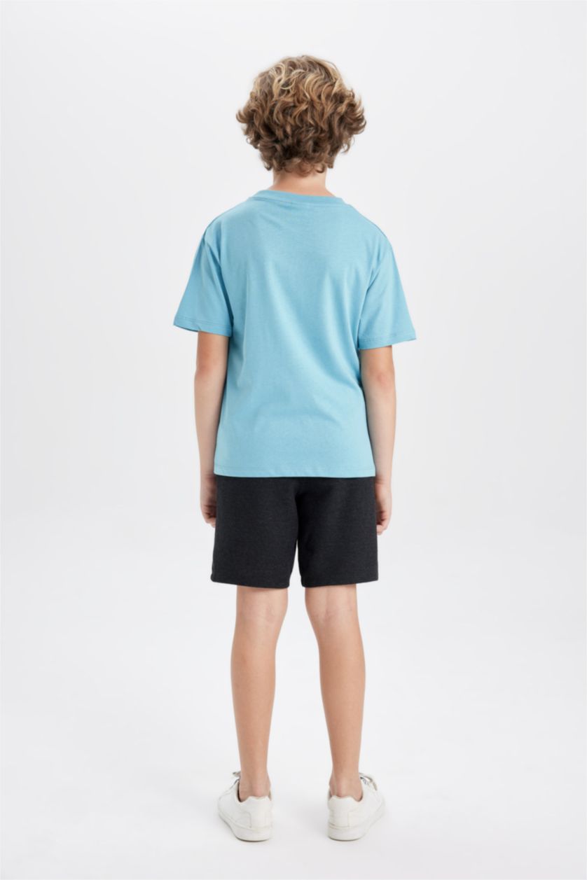 Erkek Çocuk - Genç Erkek Açık Mavi Erkek Çocuk 2'li Takım Baskılı Kısa Kollu Tişört Üst Beli Lastikli Şort
