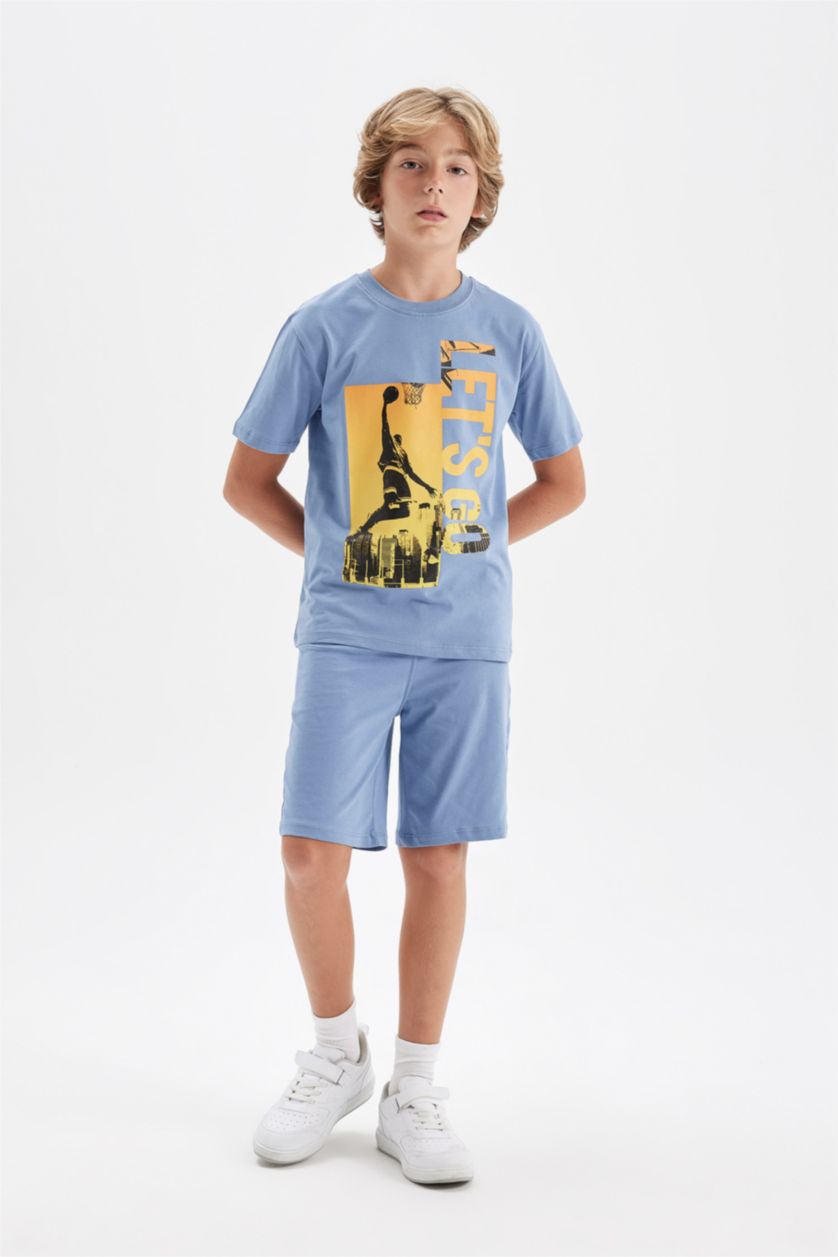 BOYS & TEENS Blue Boy Printed Short Sleeve T-Shirt Shorts 2 Piece Set