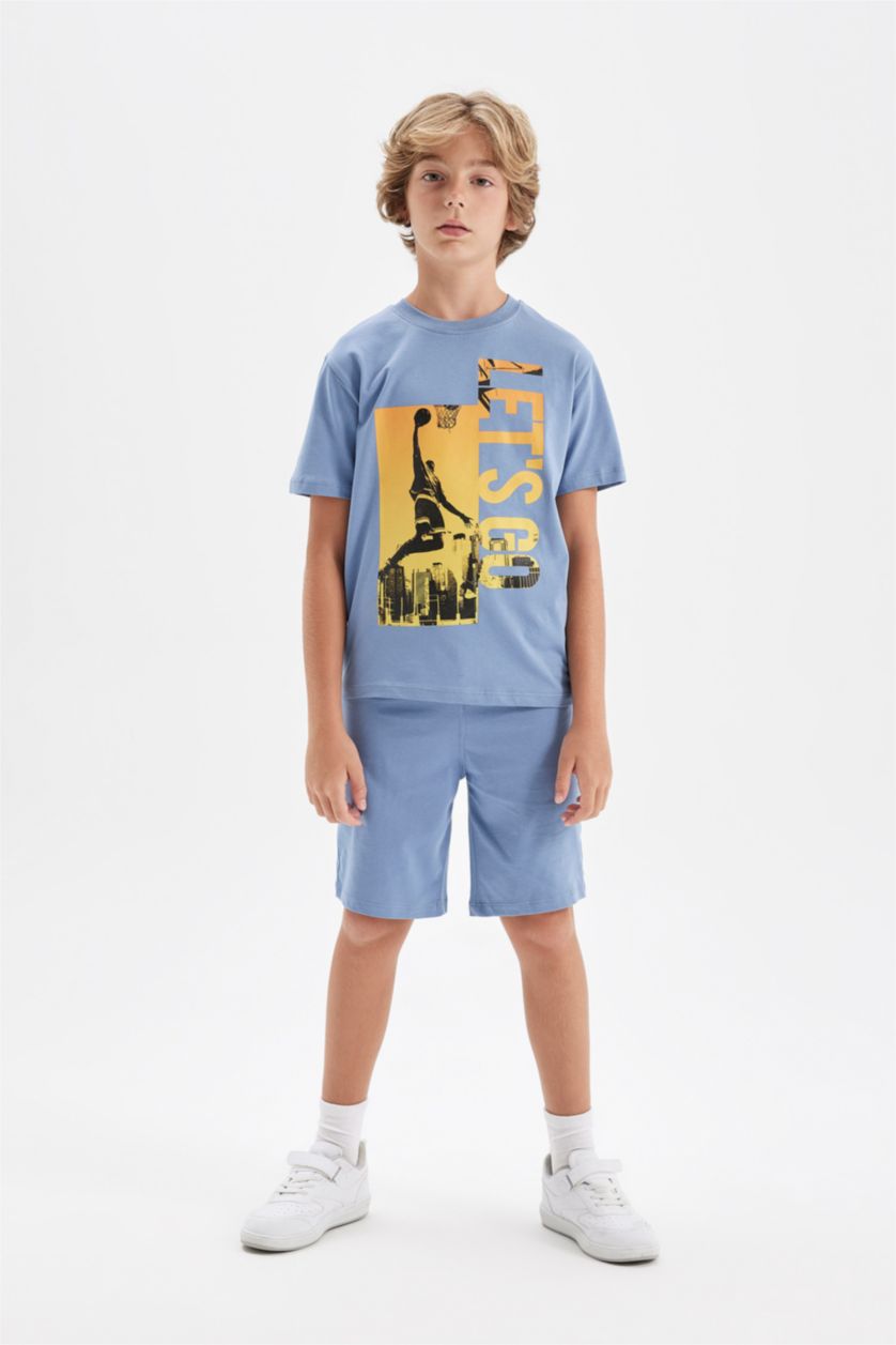 BOYS & TEENS Blue Boy Printed Short Sleeve T-Shirt Shorts 2 Piece Set