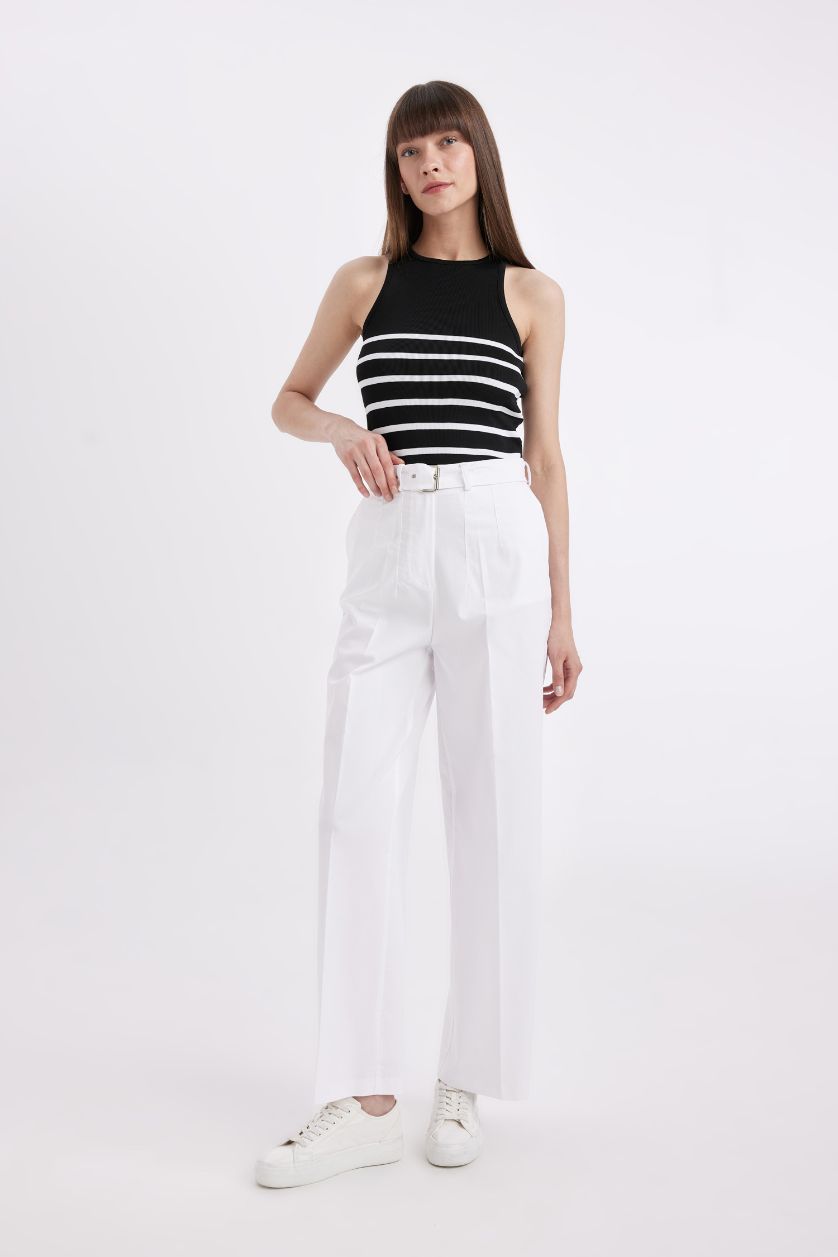 Kadın Beyaz Jogger Kumaş Pantolon Cepli Yüksek Bel Geniş Paça Uzun Boy