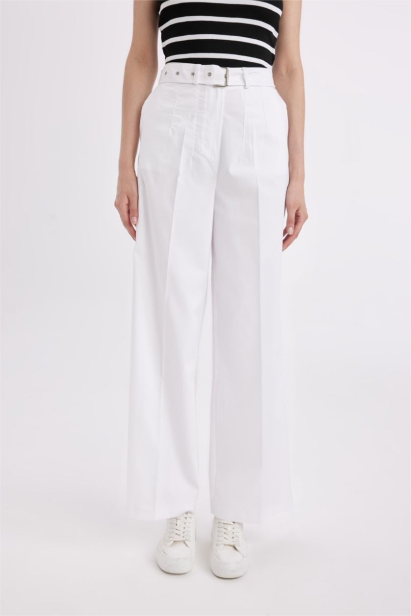 Kadın Beyaz Jogger Kumaş Pantolon Cepli Yüksek Bel Geniş Paça Uzun Boy