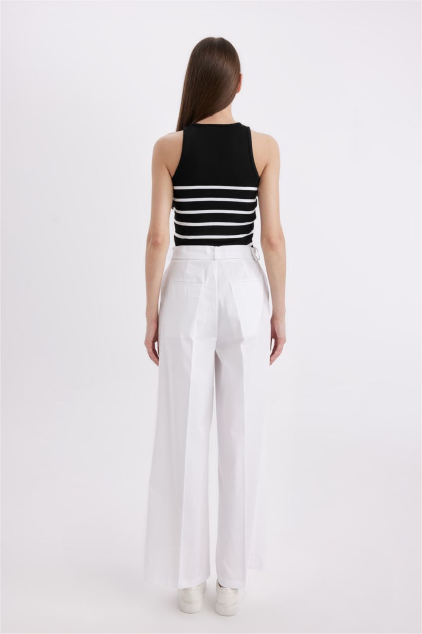 Kadın Beyaz Jogger Kumaş Pantolon Cepli Yüksek Bel Geniş Paça Uzun Boy