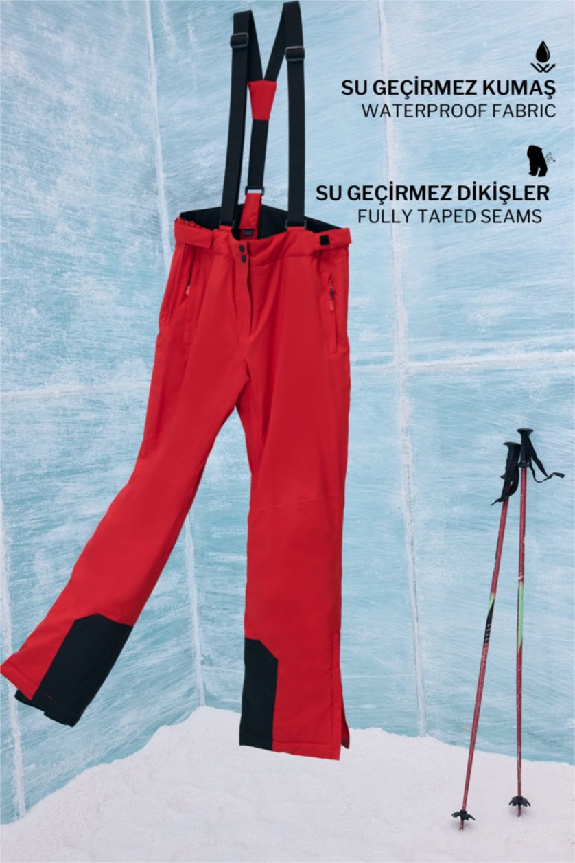 Erkek Kırmızı Regular Fit Fermuarlı Su Geçirmez Kayak Pantolonu