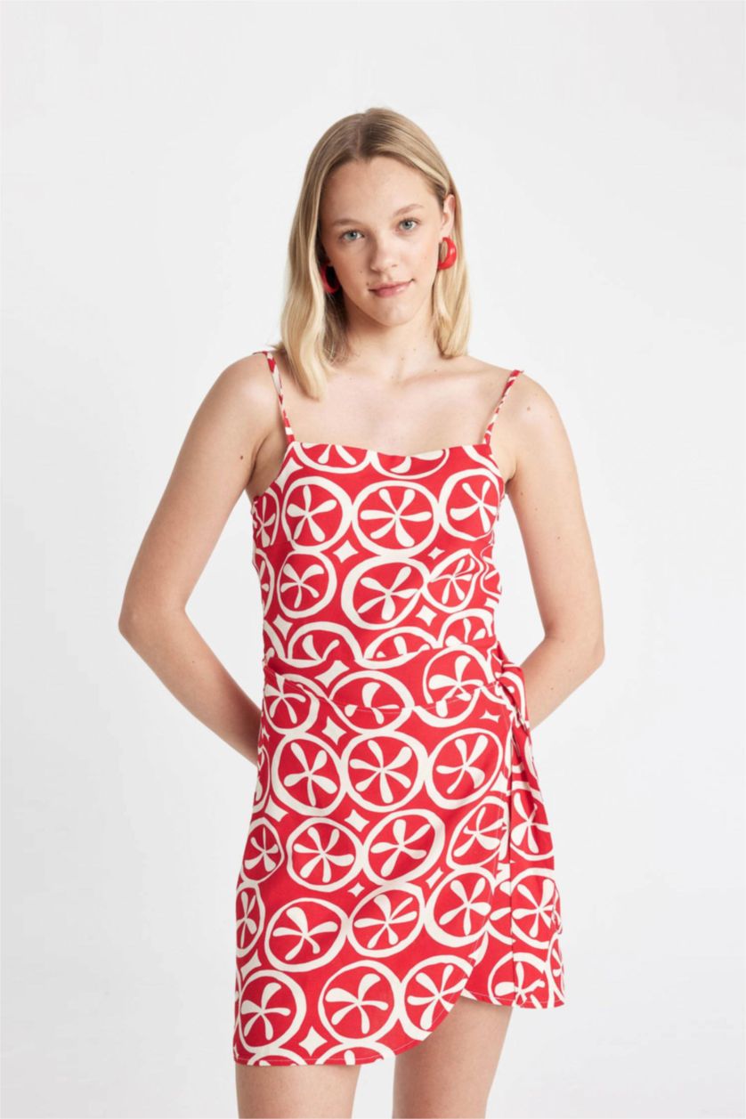 Woman Red Strappy Ethnic Patterned Linen Strappy Mini Dress