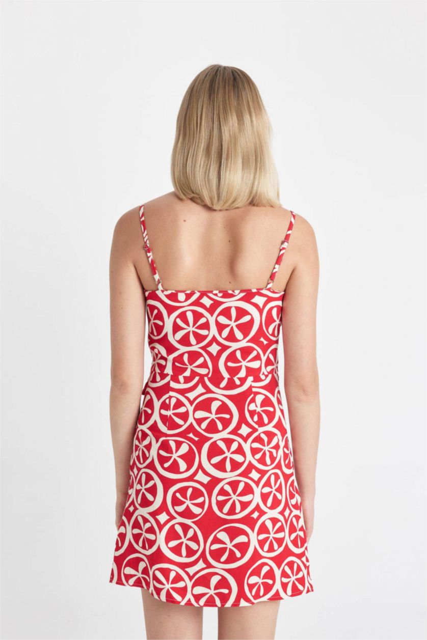 Woman Red Strappy Ethnic Patterned Linen Strappy Mini Dress
