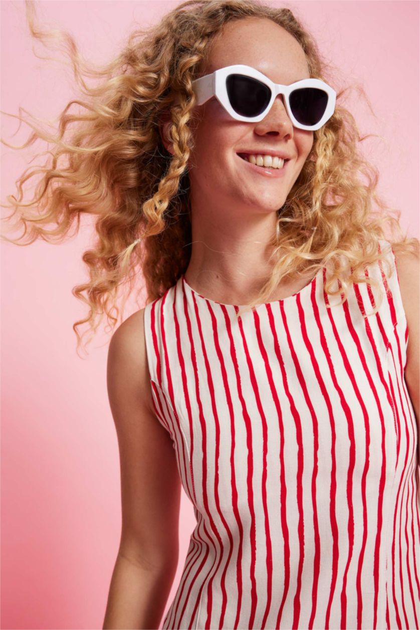 Kadın Kırmızı Bisiklet Yaka Çizgili Keten Kolsuz Mini Elbise