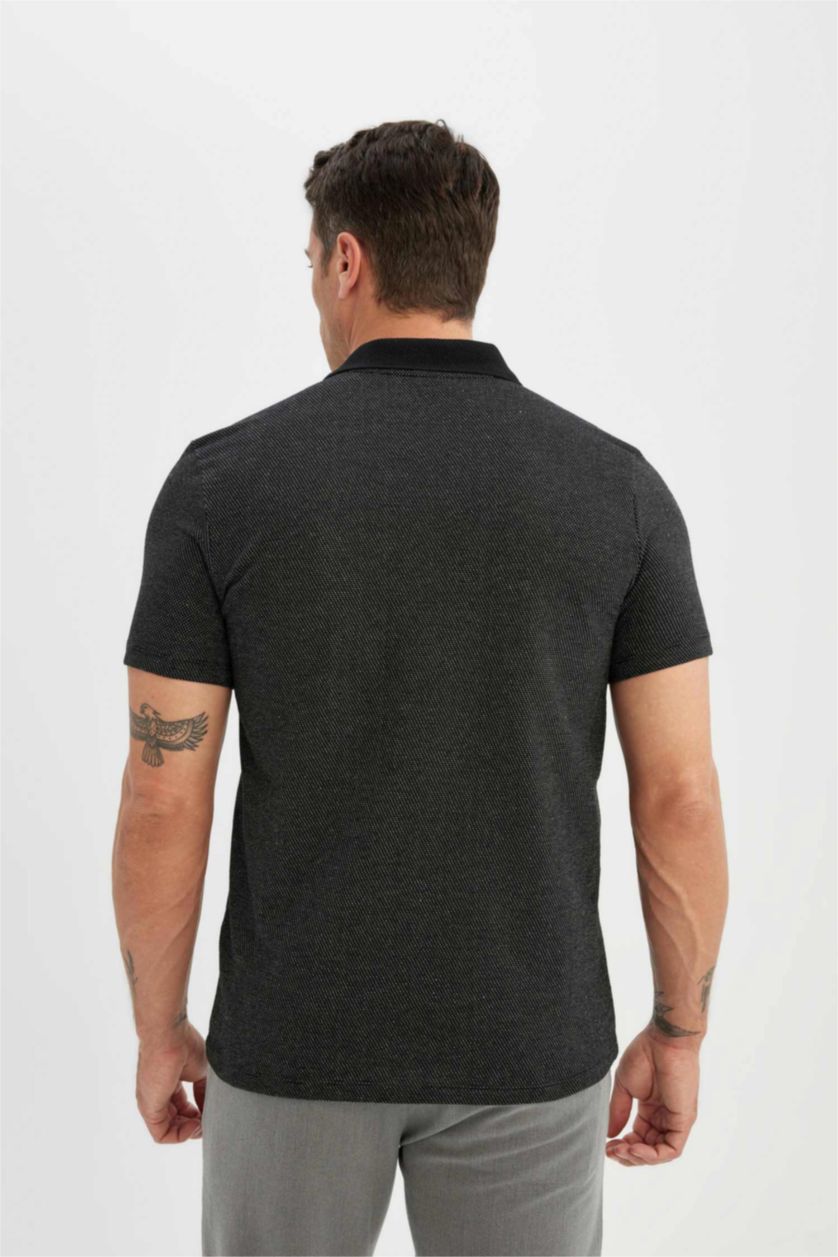Erkek Siyah Slim Fit Dar Kesim Basic Düz Kısa Kollu Polo Tişört