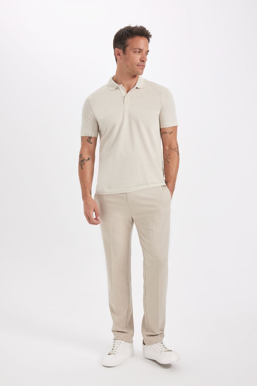 Erkek Açık Bej Slim Fit Dar Kesim Polo Yaka Kısa Kollu Pamuklu Tişört