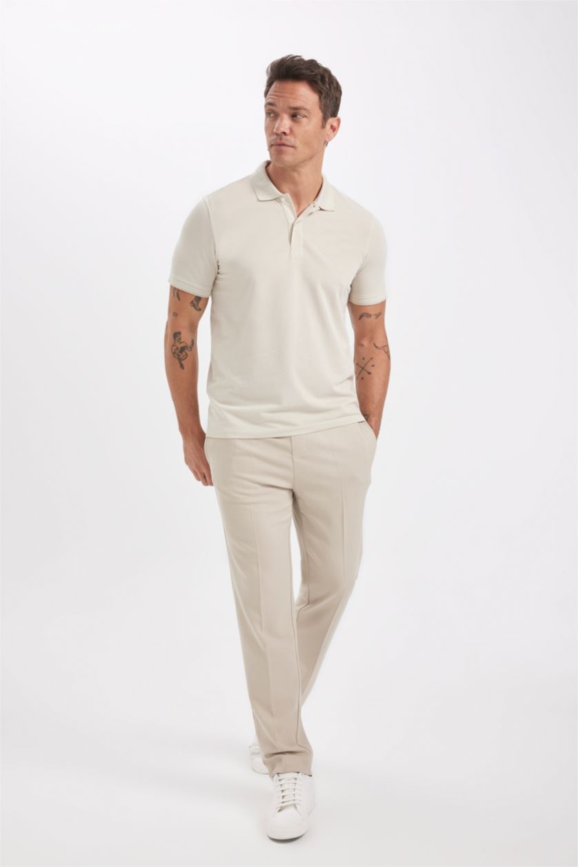 Erkek Açık Bej Slim Fit Dar Kesim Polo Yaka Kısa Kollu Pamuklu Tişört