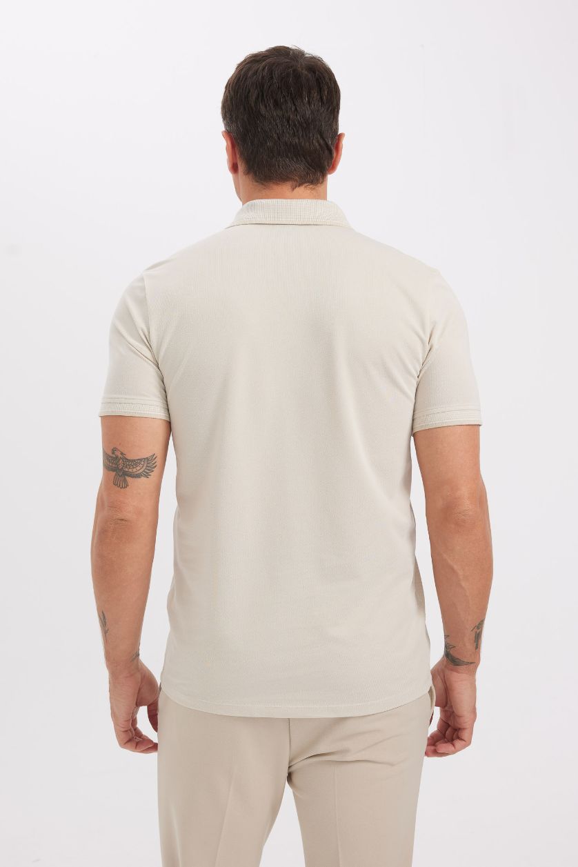 Erkek Açık Bej Slim Fit Dar Kesim Polo Yaka Kısa Kollu Pamuklu Tişört