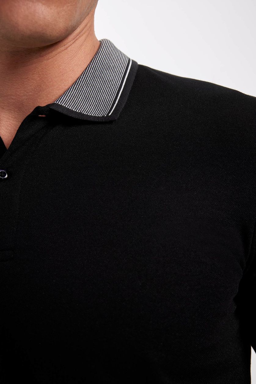 Erkek Siyah Slim Fit Dar Kesim Polo Yaka Kısa Kollu Pamuklu Tişört