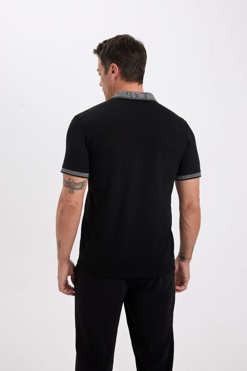 Erkek Siyah Slim Fit Dar Kesim Polo Yaka Kısa Kollu Pamuklu Tişört
