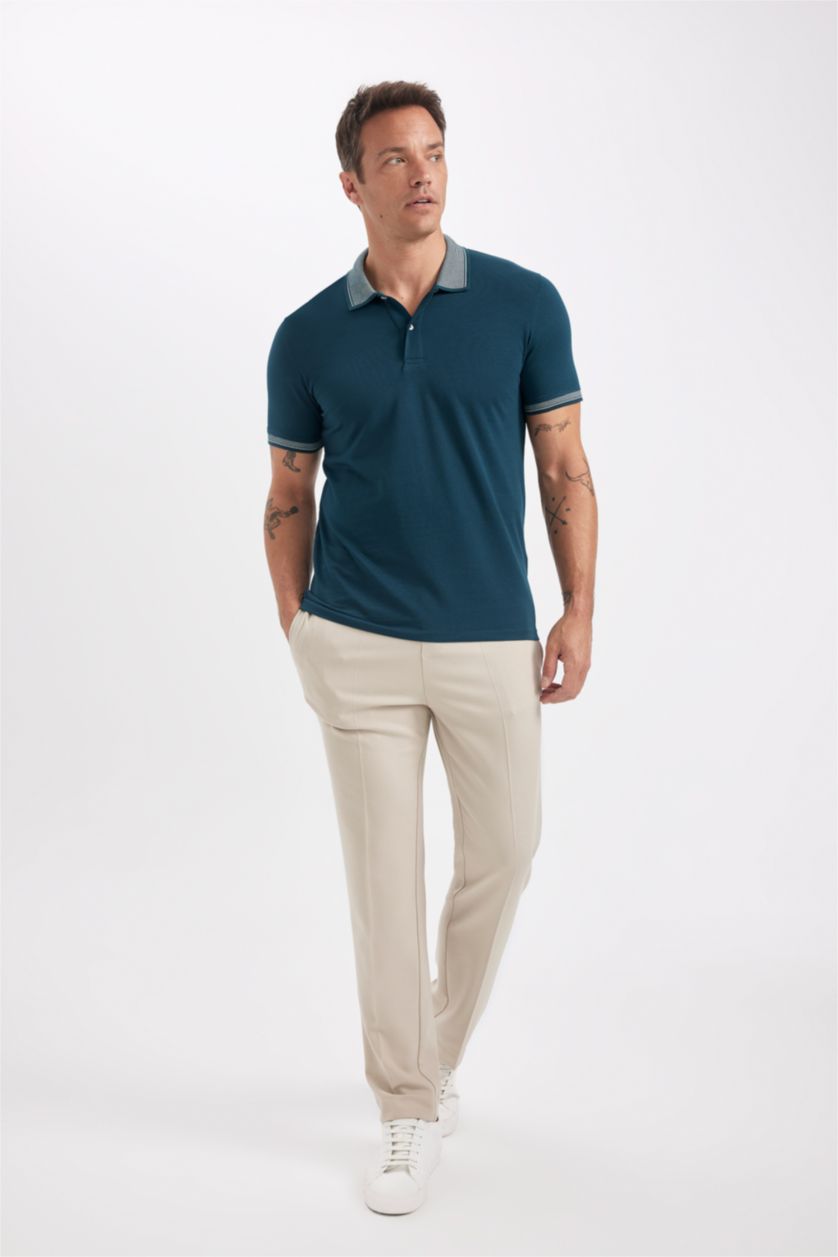 Erkek Koyu Yeşil Slim Fit Dar Kesim Polo Yaka Kısa Kollu Pamuklu Tişört