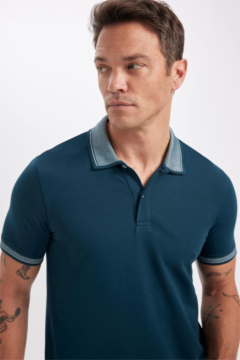 Erkek Koyu Yeşil Slim Fit Dar Kesim Polo Yaka Kısa Kollu Pamuklu Tişört