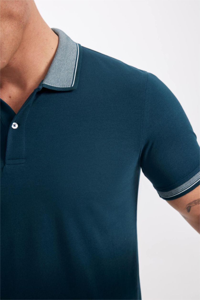 Erkek Koyu Yeşil Slim Fit Dar Kesim Polo Yaka Kısa Kollu Pamuklu Tişört