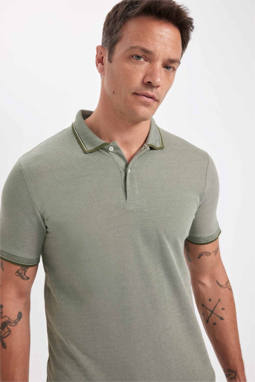 Erkek Haki Slım Fıt Pike Kısa Kollu Polo Tişört
