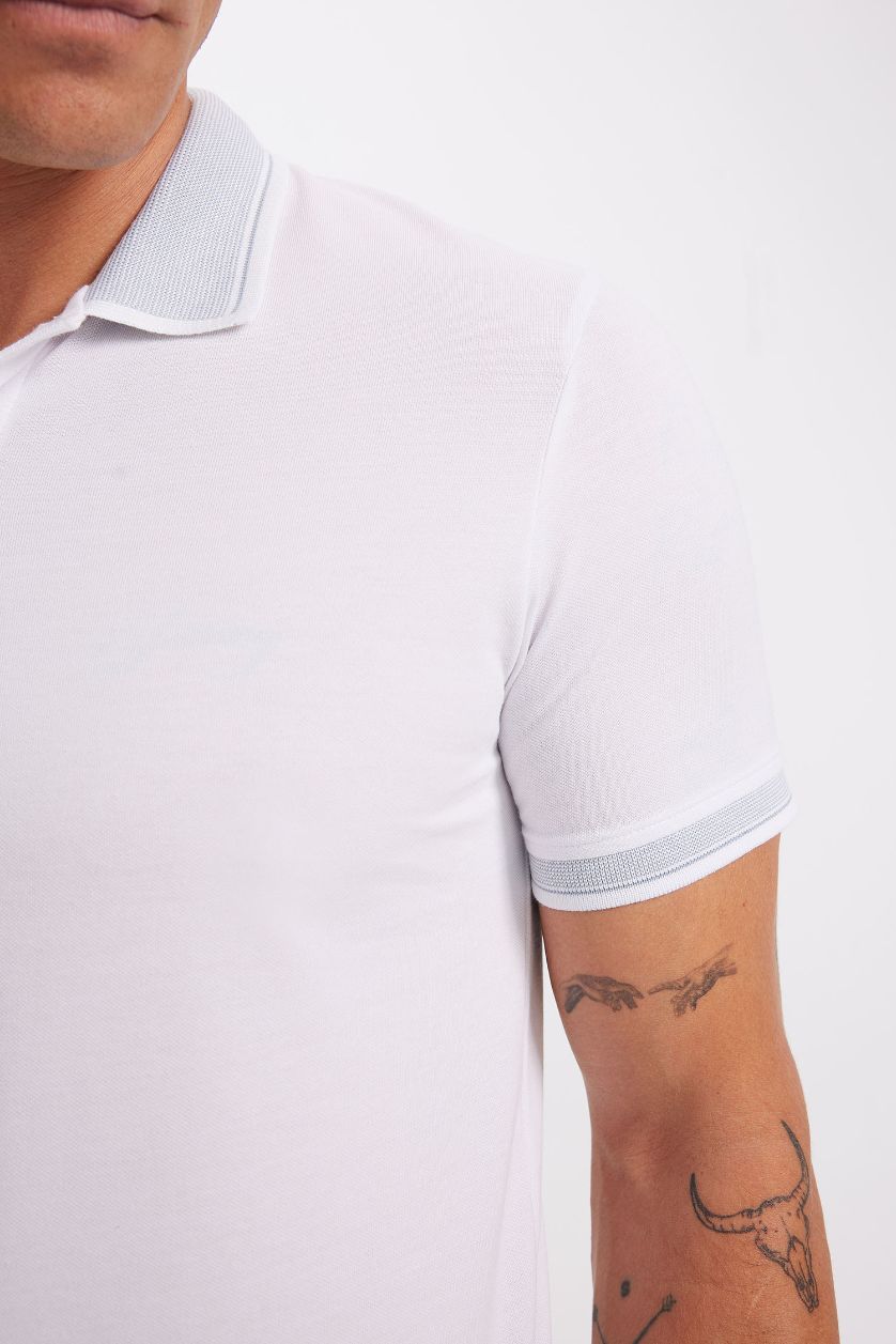 Erkek Beyaz Slim Fit Dar Kesim Polo Yaka Kısa Kollu Pamuklu Tişört